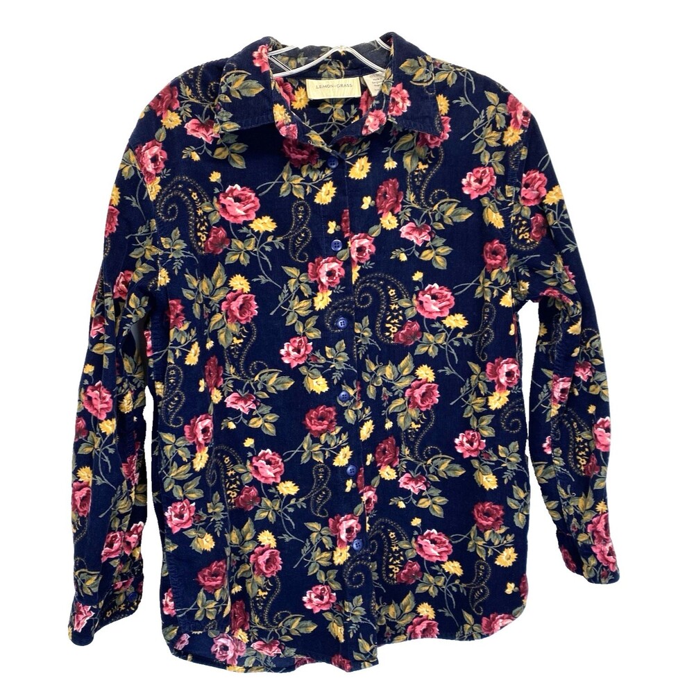 Lemon Grass Floral Corduroy Button Up Shirt Womans Small Long Sleeve Cottagecore